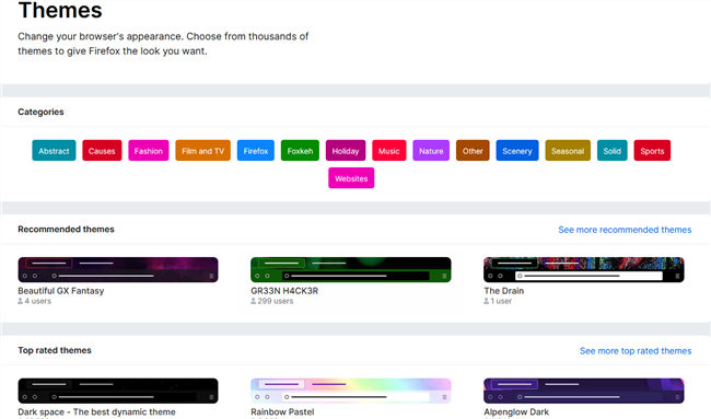 Некоторые тёмные темы доступны в магазине тем Firefox.
