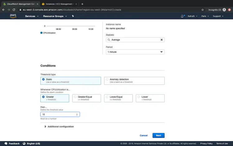 Задание порога тревоги 10% CPU