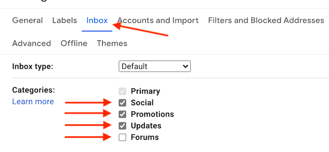 Раздел «Inbox» в настройках Gmail: опции категорий вкладок