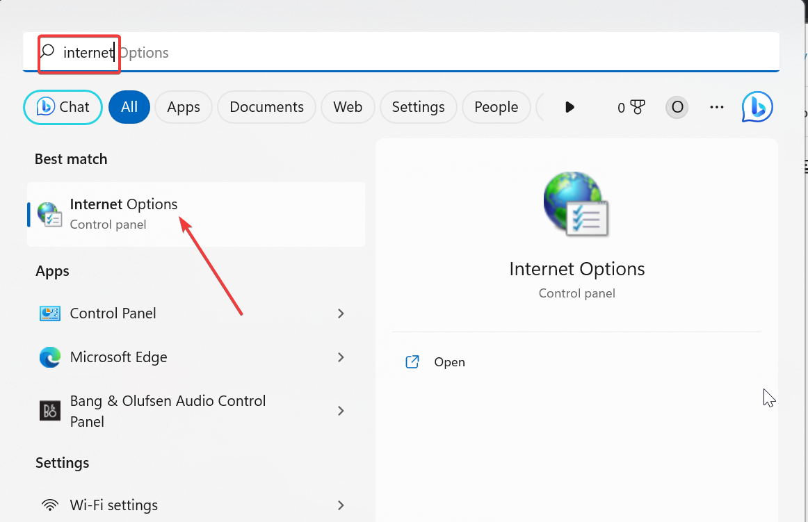 Открытие параметров Интернета