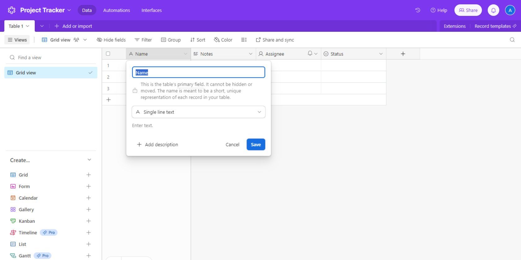 Скриншот Airtable, показывающий как редактировать поля в базе