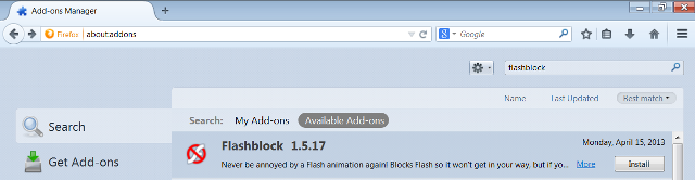 Скриншот настроек дополнения Flashblock с белым списком сайтов