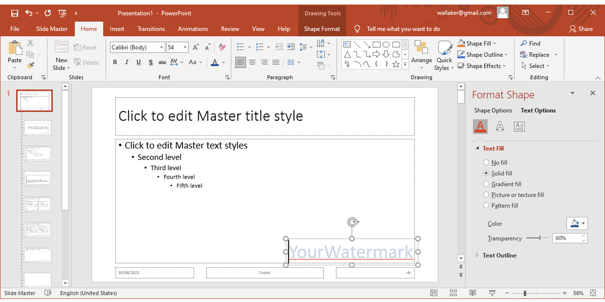 Настройка прозрачности текстового водяного знака