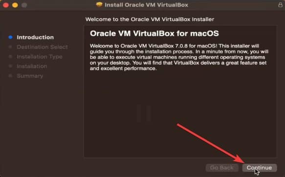 Кнопка Продолжить в мастере установки VirtualBox