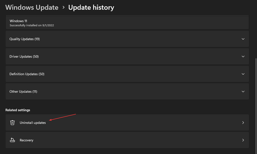 Скрин: список установленных обновлений с опцией Удалить
