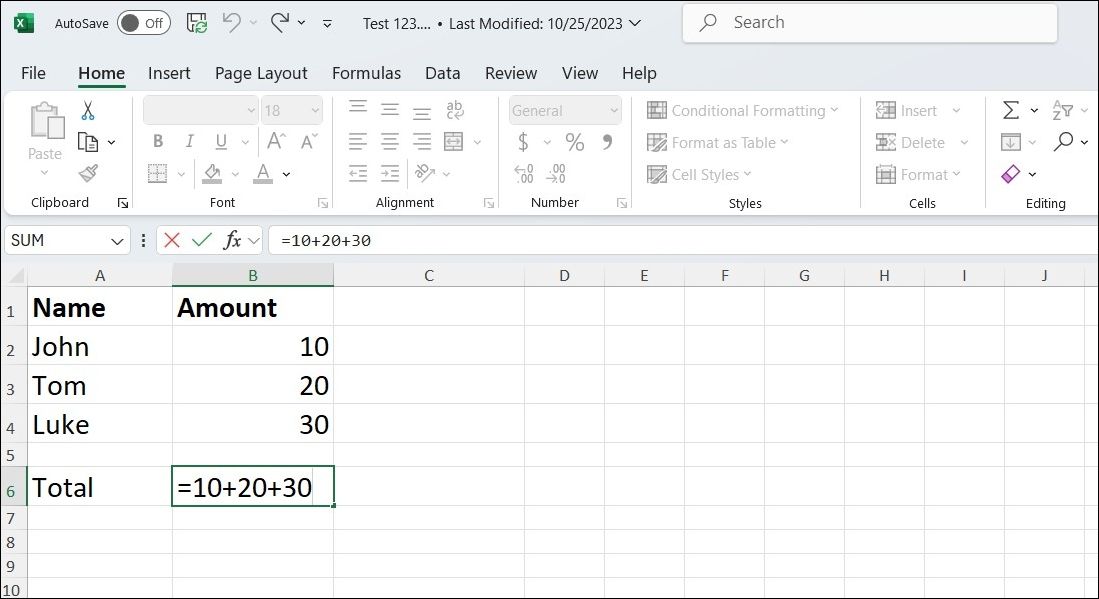 Сложение в листе Excel: пример формулы и результата