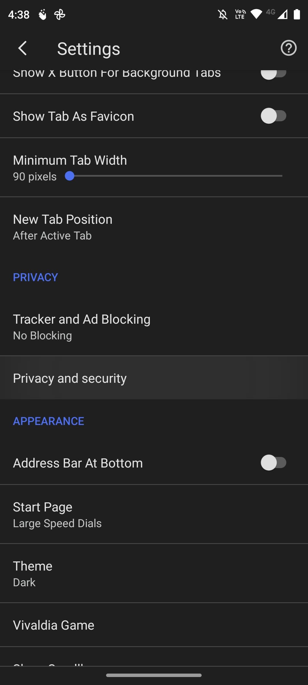 Меню настроек Vivaldi