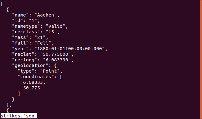 Большой JSON-файл со списком метеоритов и геолокация