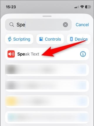 Добавление действия Speak Text в Shortcuts