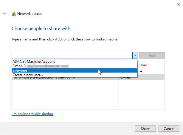 Снимок: выбор «Все» в списке пользователей для совместного доступа