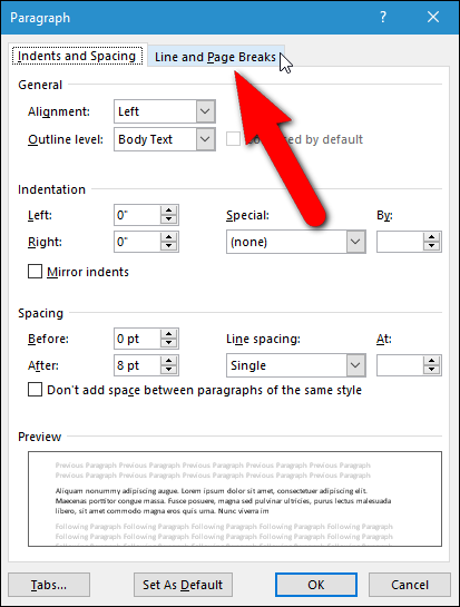 Вкладка «Разрывы строк и страниц» в диалоге «Абзац»