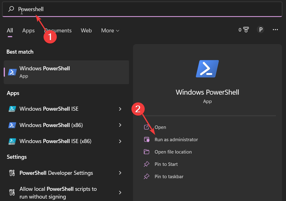 Поиск Windows PowerShell и запуск от имени администратора