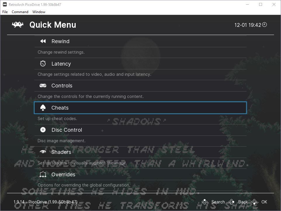 Опция Cheats в Быстром меню RetroArch