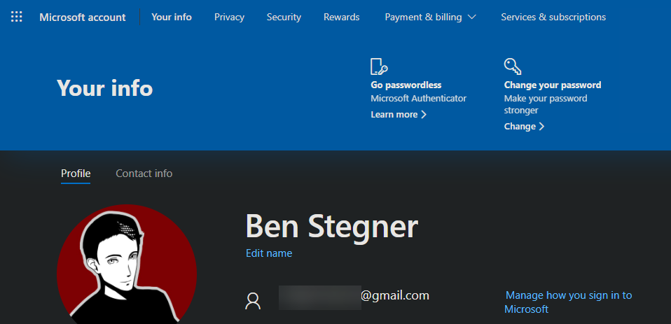 Страница управления способами входа в Microsoft