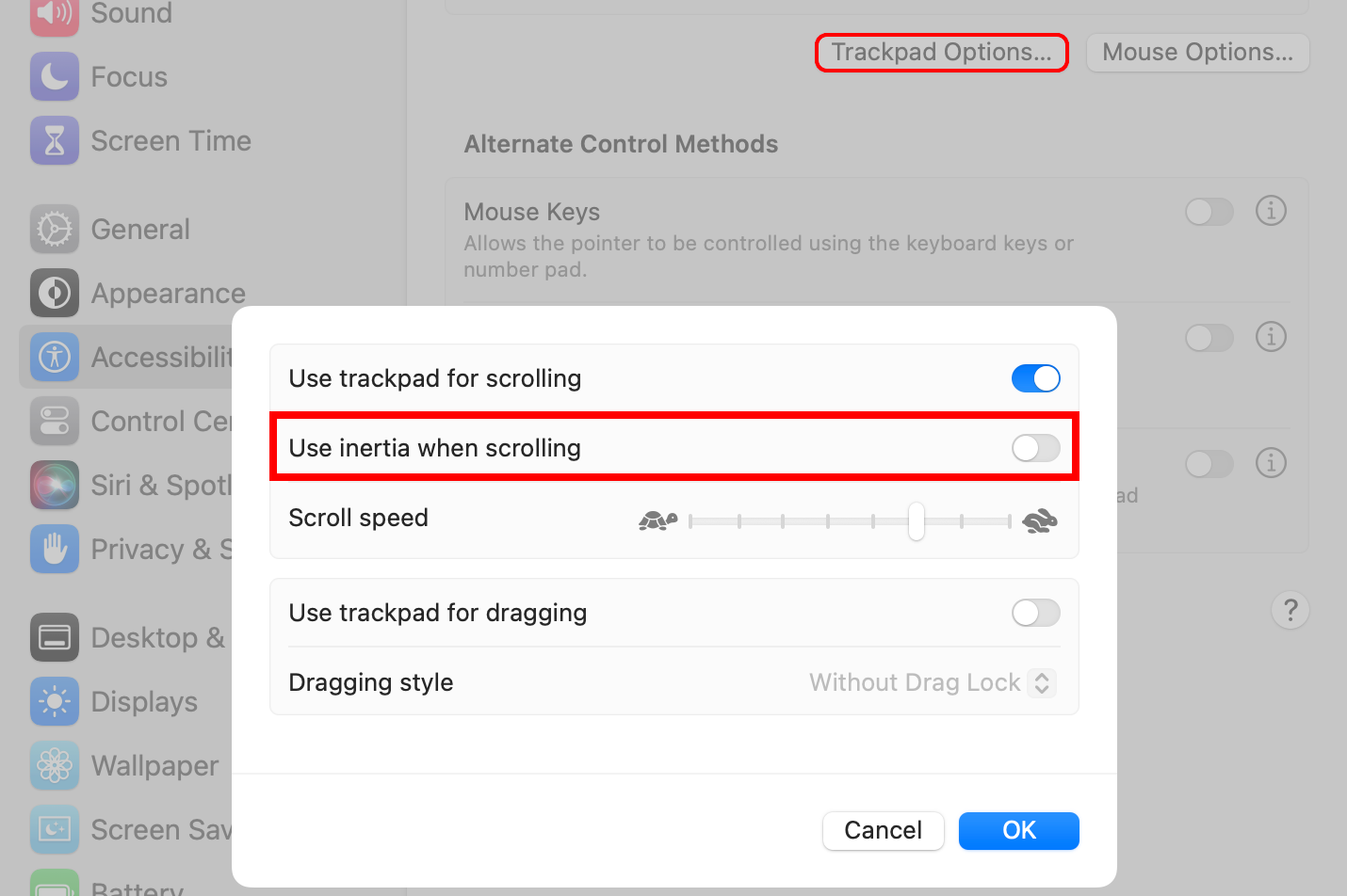 Окно Системных настроек macOS с отключённой инерцией прокрутки