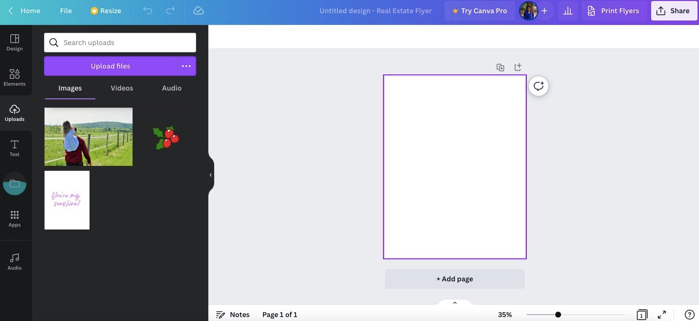 Раздел 'Загрузки' в Canva с кнопкой 'Загрузить файлы'