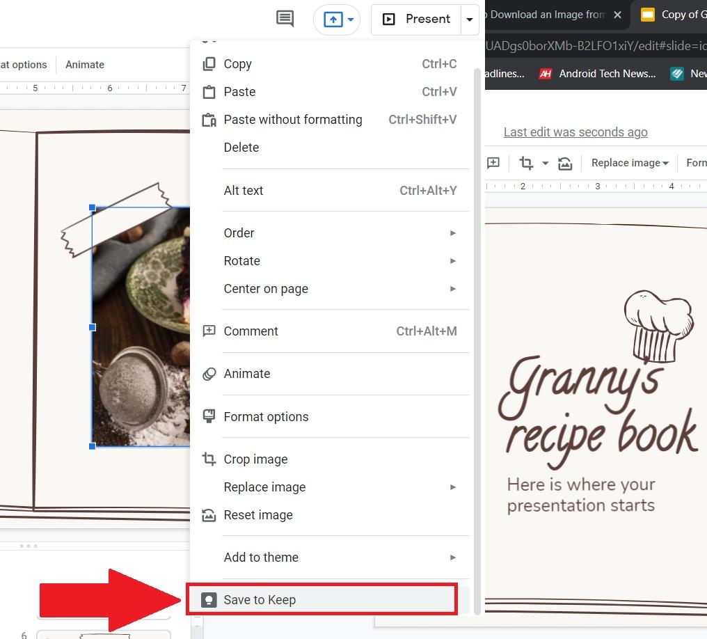 Menu contestuale: Salva in Keep dall'immagine in una slide