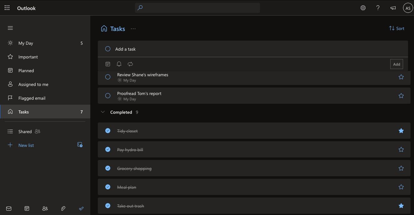Список завершённых задач внизу списка задач