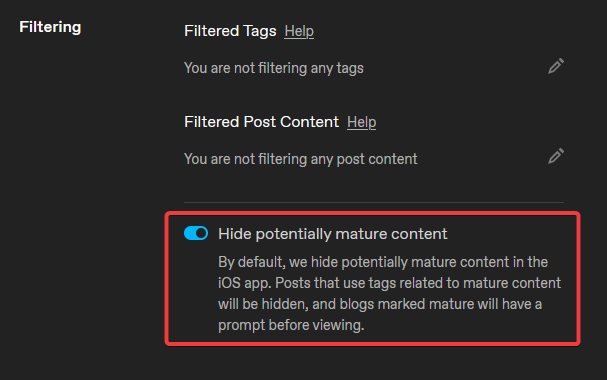 Переключатель «Скрывать потенциально зрелый контент» в веб-интерфейсе