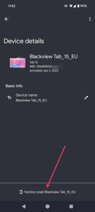 Опция Factory reset в мобильном приложении Find My Device