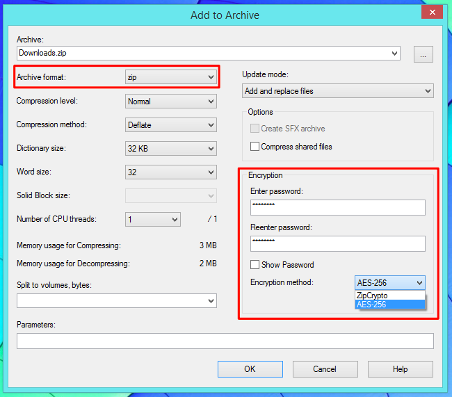 Поле ввода пароля в 7-Zip при создании архива