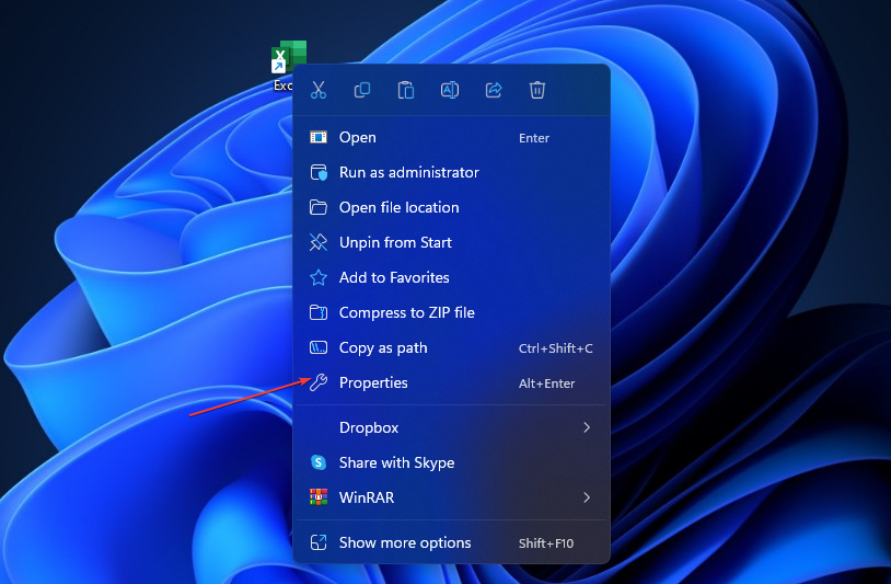 Откройте свойства ярлыка Excel