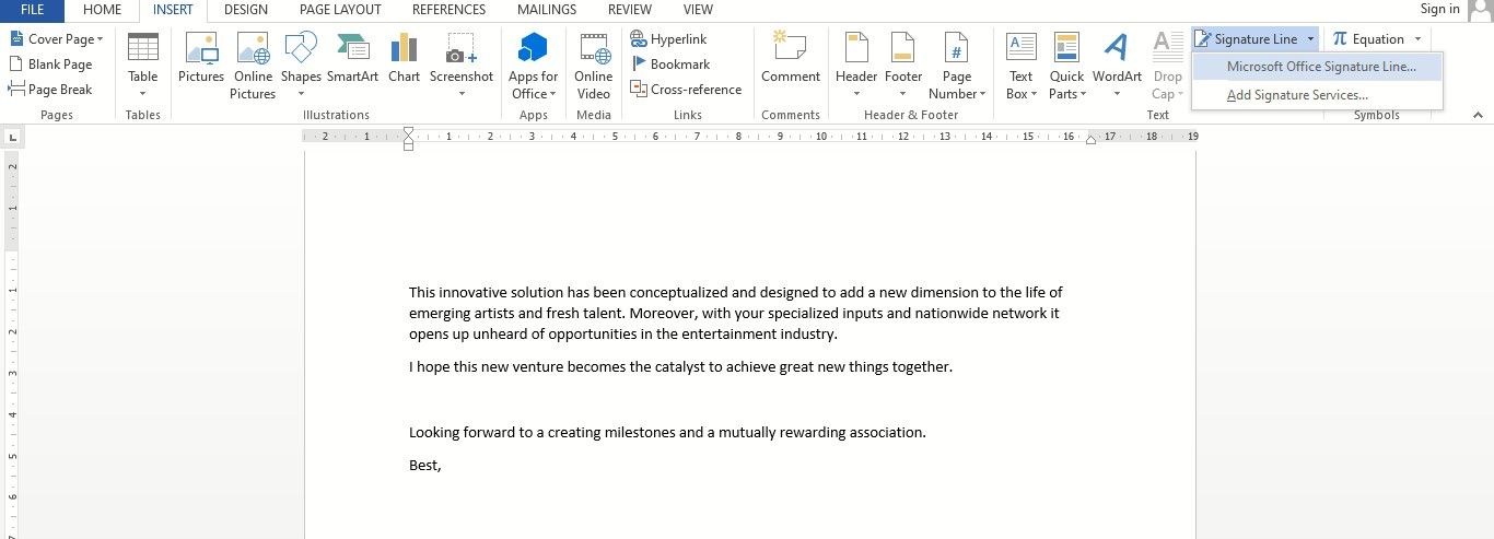 Выбор строки подписи в Microsoft Office