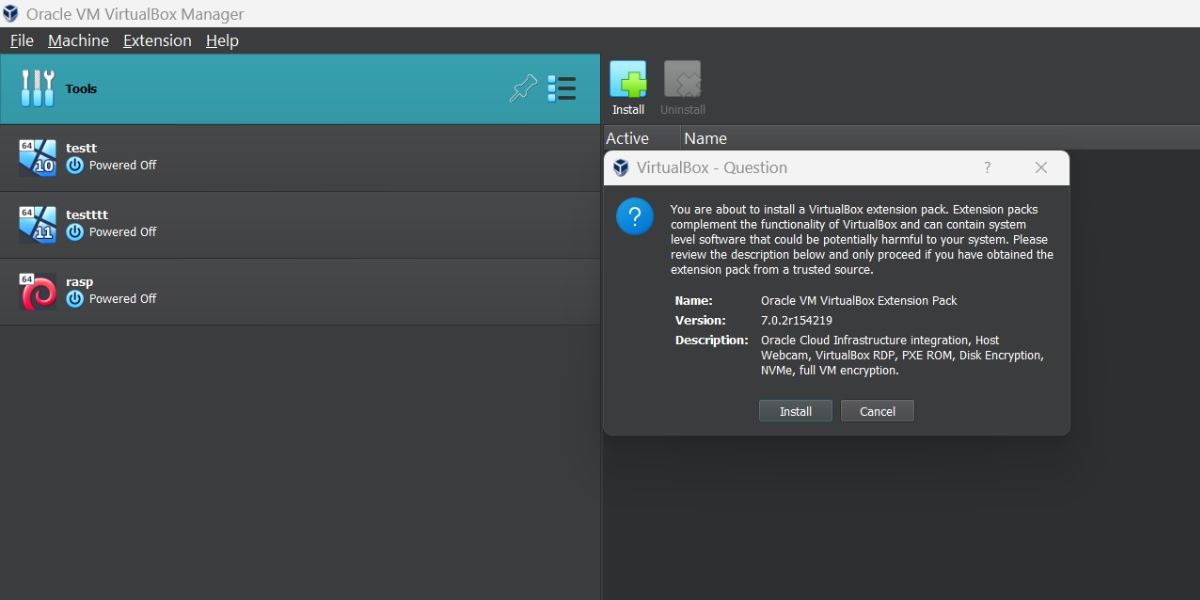 Установка нового пакета расширений VirtualBox