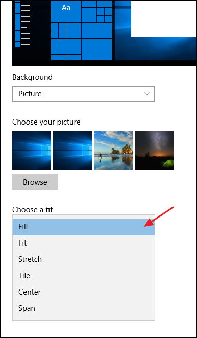 Выбор способа вписывания изображения в фон рабочего стола