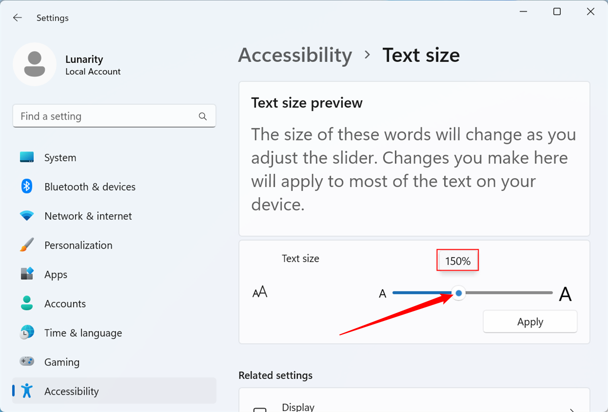 Пример увеличения размера шрифта до 150%.