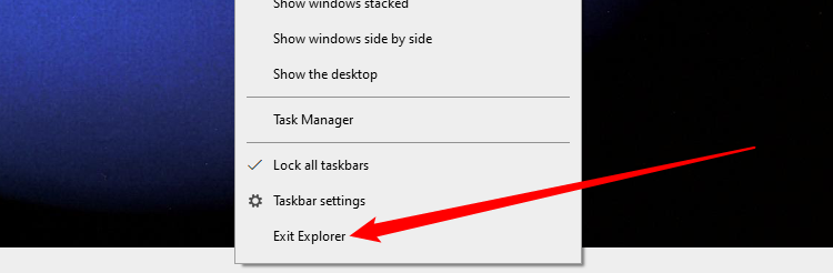 Команда «Exit Explorer» в контекстном меню панели задач при удержании Ctrl+Shift.