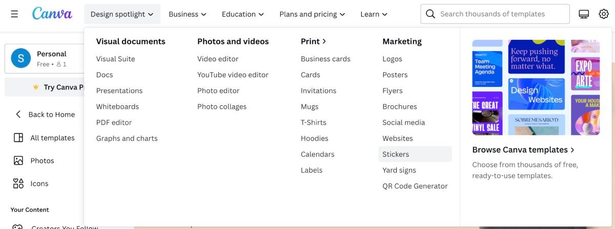 Главная страница Canva: путь к разделу «Стикеры»