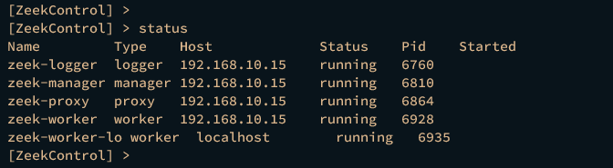 Проверка статуса компонентов Zeek