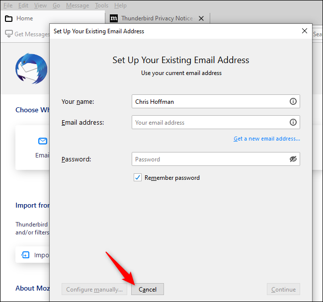 Диалог Thunderbird: нажмите «Отмена».