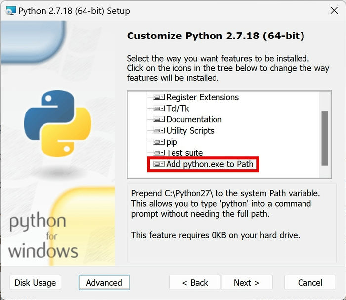 Опция добавить python.exe в PATH во время установки