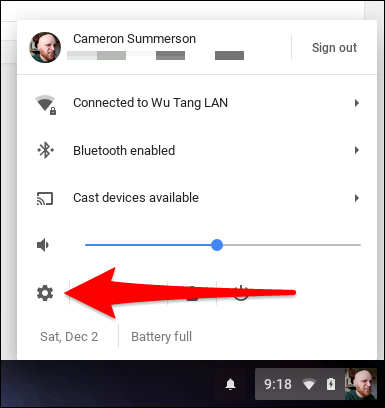 Открытие настроек Chromebook: значок шестерёнки
