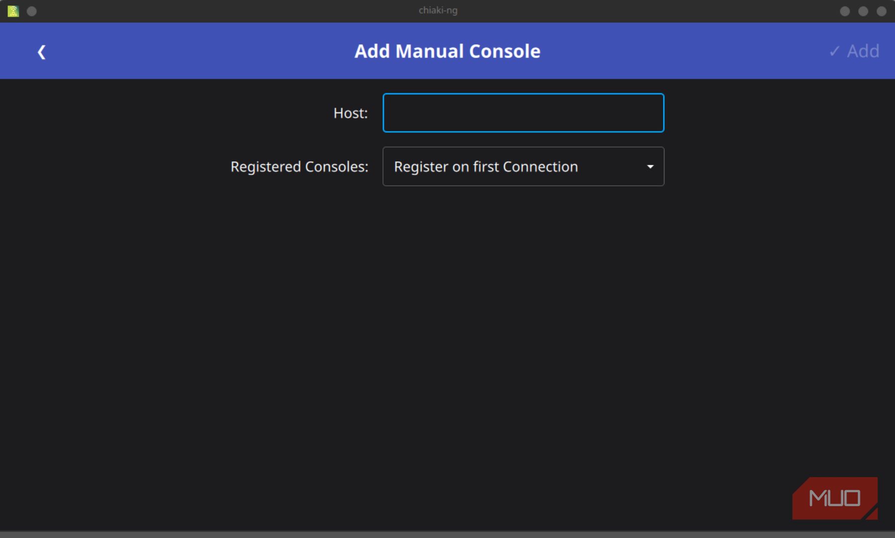 Blue and gray menu with Host and Registered Consoles Input Boxes