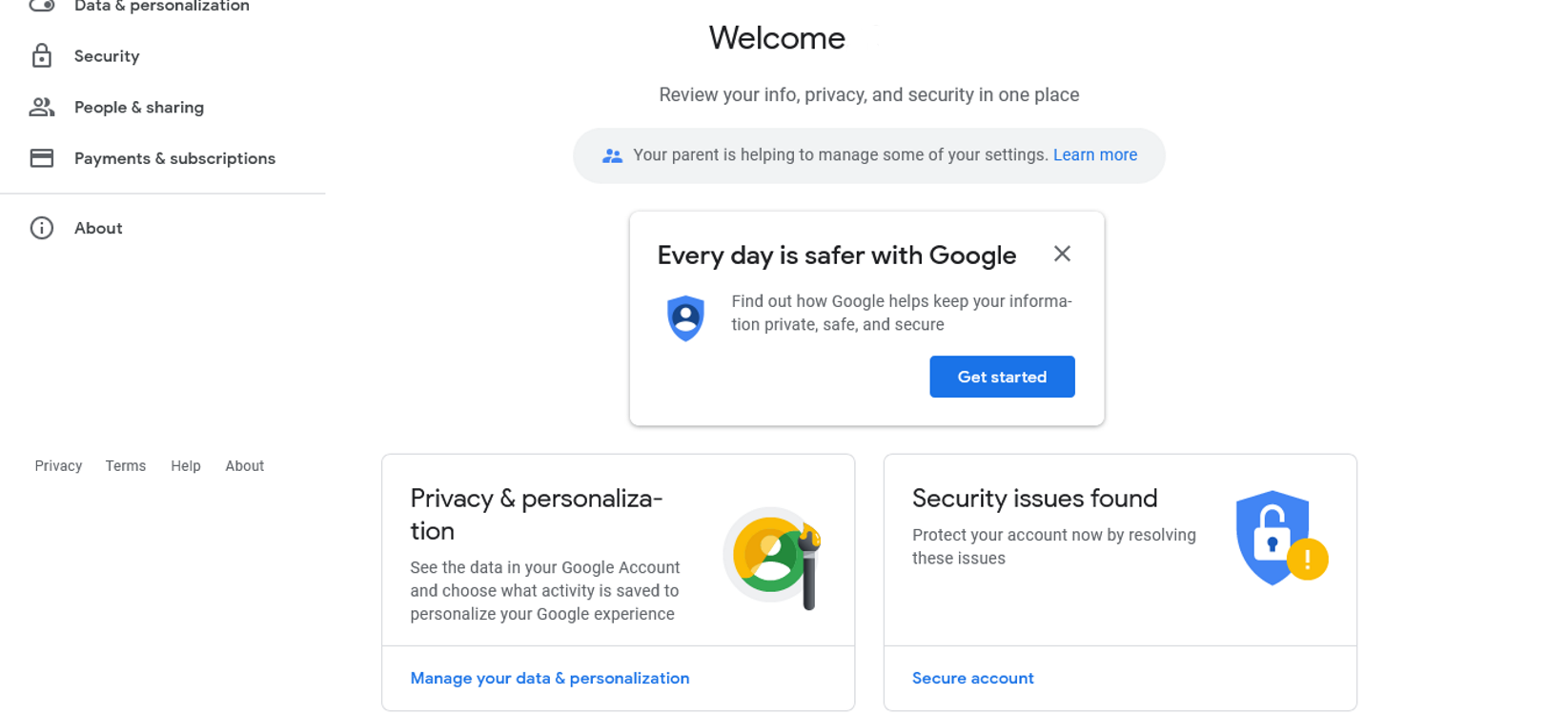 Экран приветствия контролируемого аккаунта Google