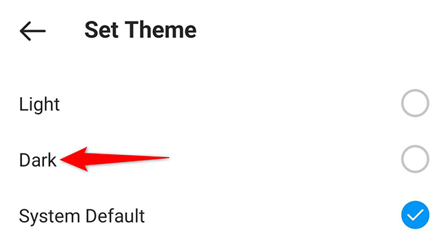 Выберите «Тёмная» на странице выбора темы в приложении Instagram.