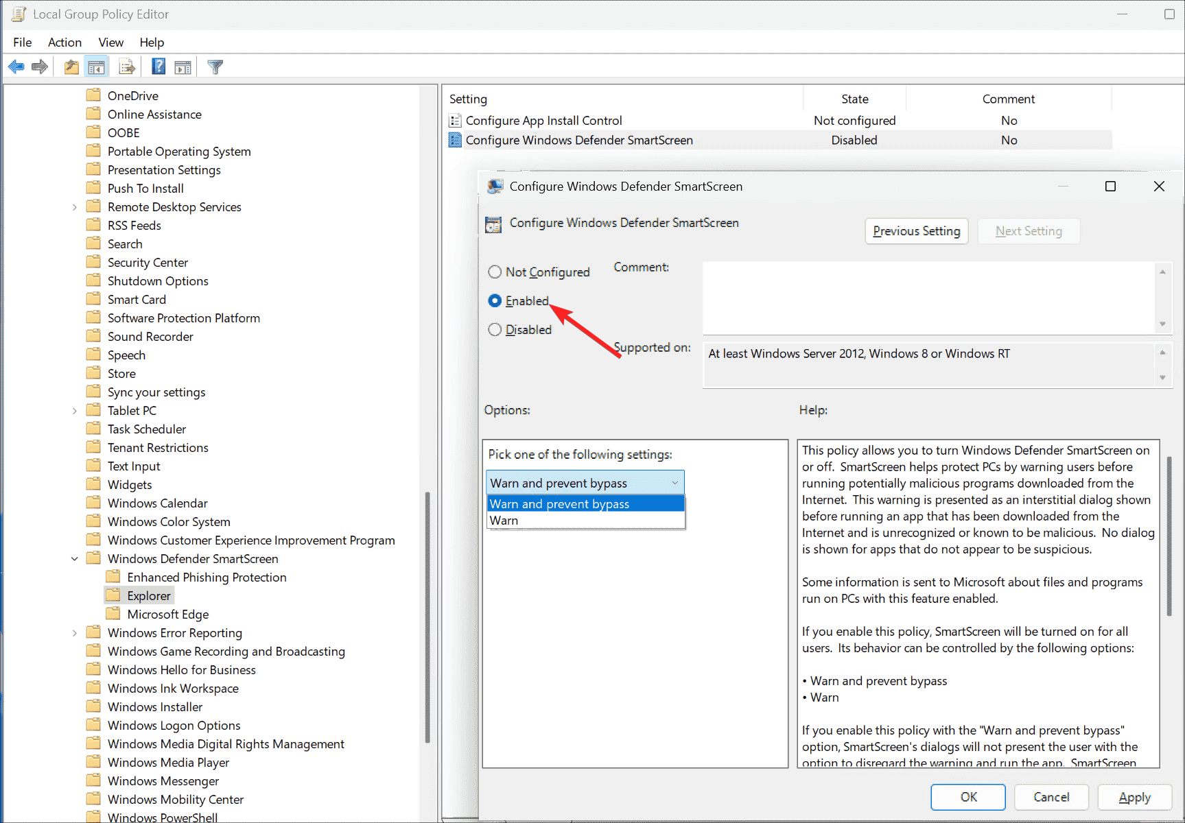 Ejemplo de la directiva Configure Windows Defender SmartScreen en el Editor de directivas