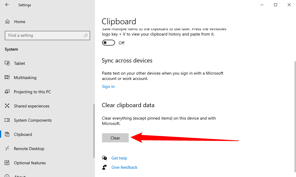 Кнопка 'Очистить' в настройках буфера обмена