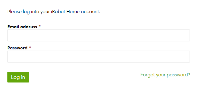 Окно входа в аккаунт Roomba — введите логин и пароль