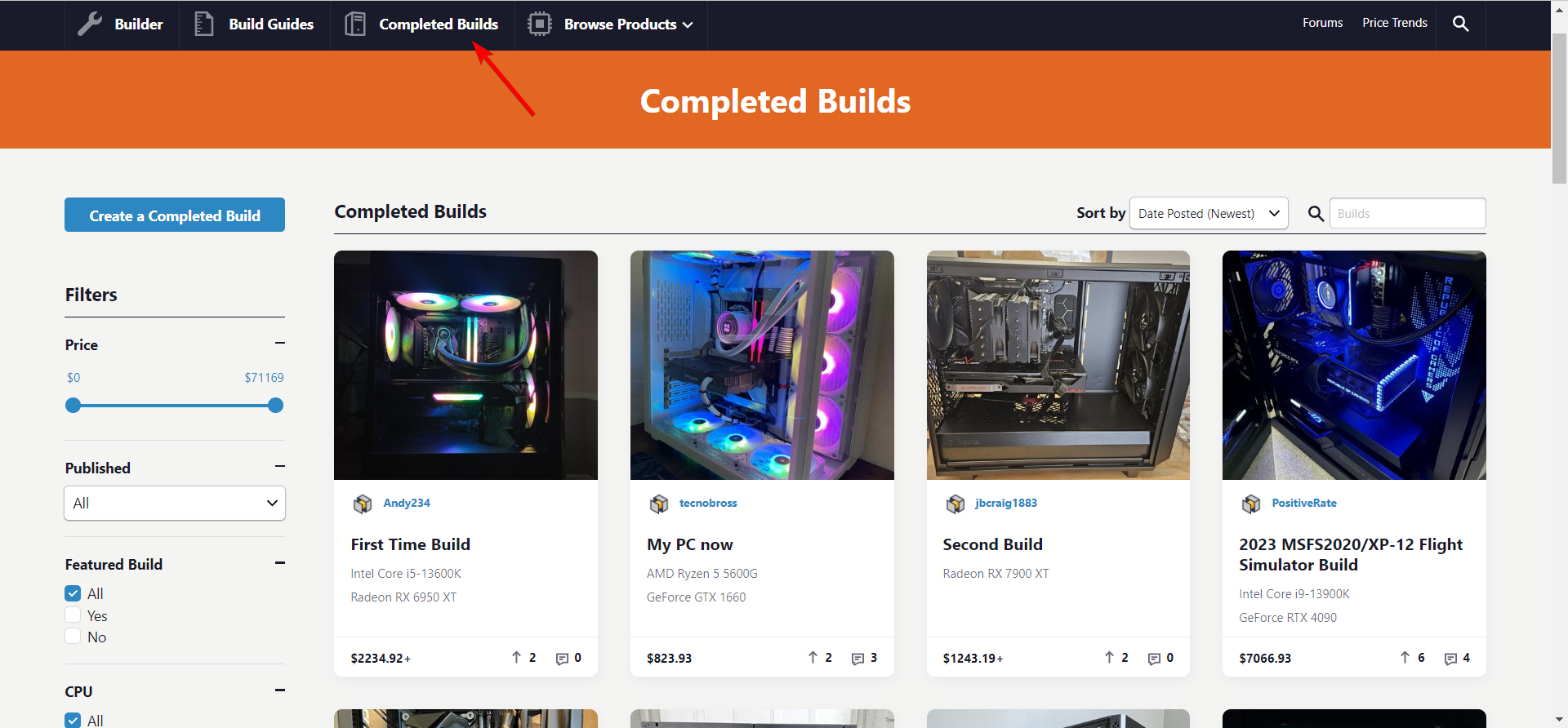 Страница Completed Builds с примерами пользовательских сборок