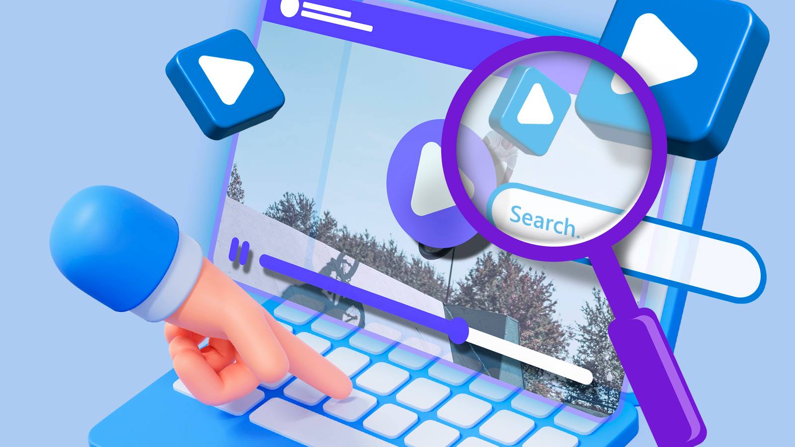 Иллюстрация ноутбука с воспроизводящимся видео и иконками, связанными с поиском видео.