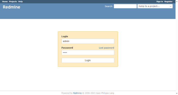 Экран входа Redmine