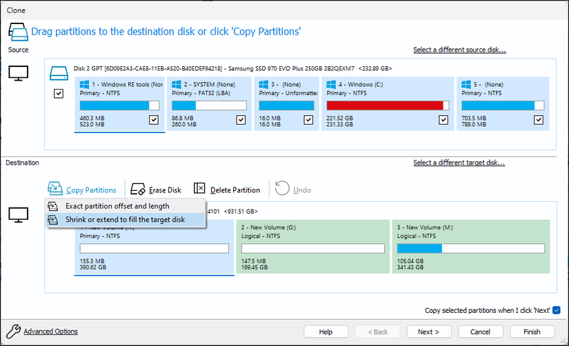 Опция Copy Partitions в Macrium Reflect