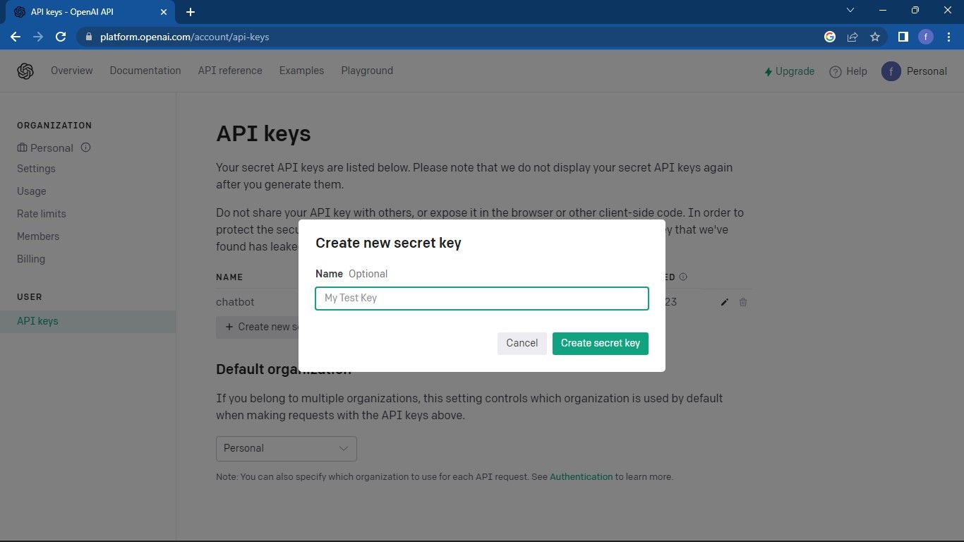 Поле ввода имени для нового API‑ключа