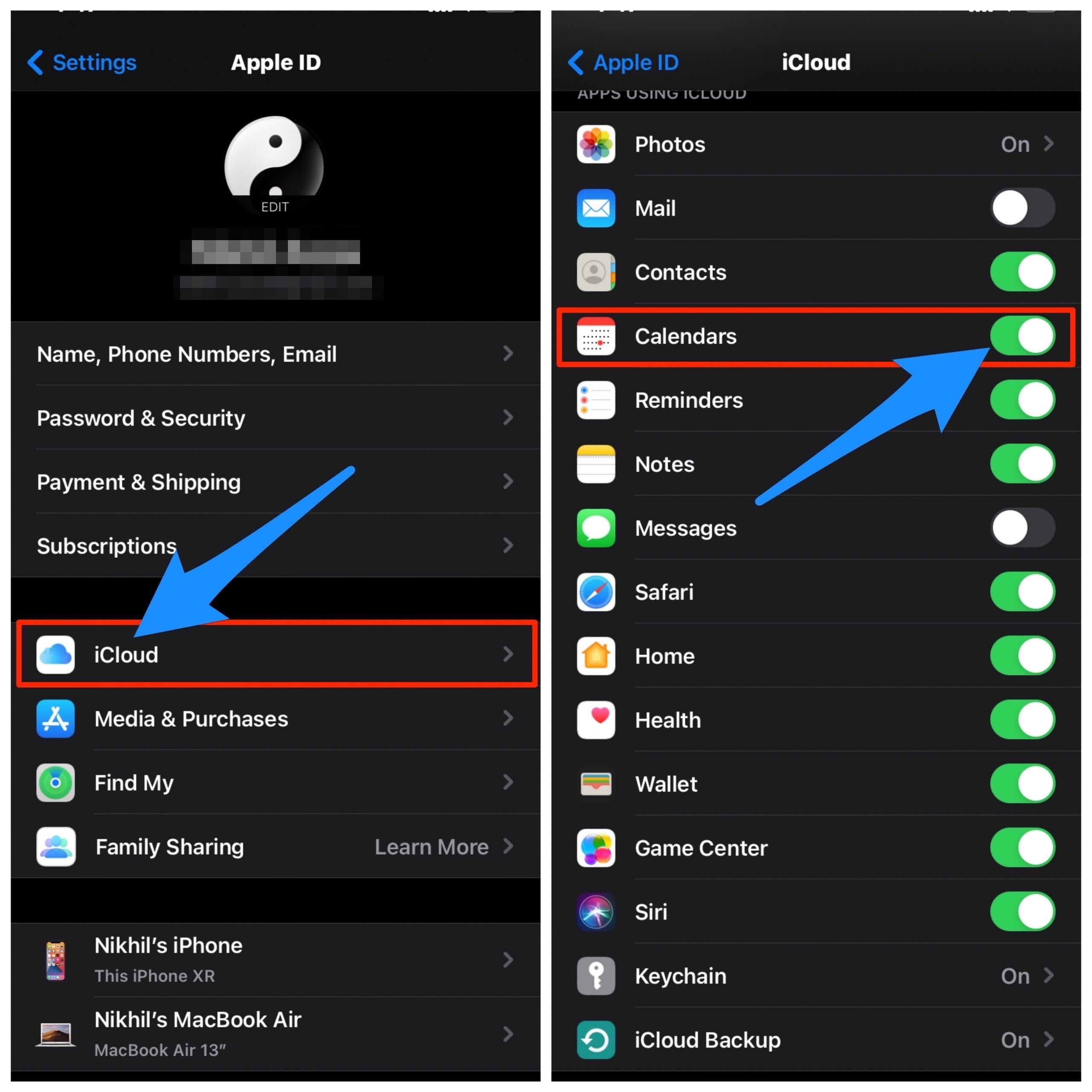 Включение синхронизации календарей в iCloud на iPhone