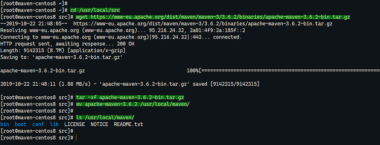 Скриншот скачивания и распаковки Apache Maven