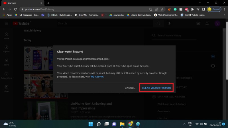 Confirmation Effacer l'historique sur site YouTube